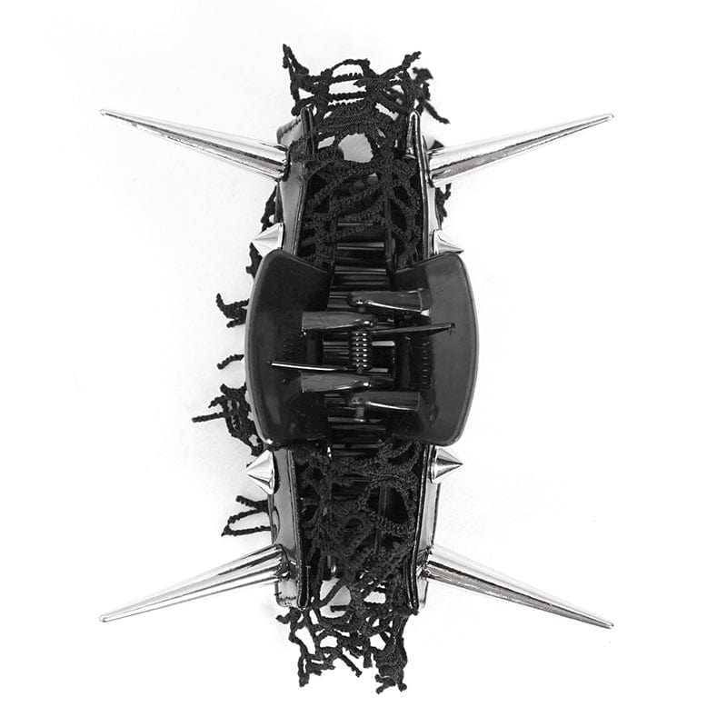 DEVIL FASHION Women's Gothic Studded Mesh Splice Faux Leather Hair Claw