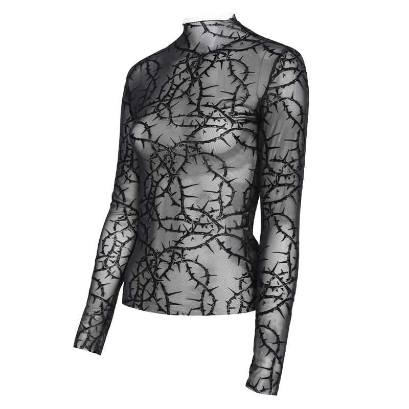 DEVIL FASHION Women's Gothic Thorny Vine Flocked Sheer Mesh Long Sleeve Top