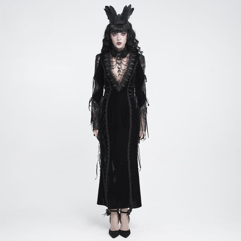DEVIL FASHION Women's Gothic Velvet Plunging V-Neck Lace Mesh Long Sleeve Dress Black