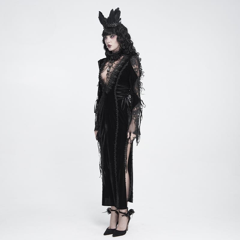 DEVIL FASHION Women's Gothic Velvet Plunging V-Neck Lace Mesh Long Sleeve Dress Black