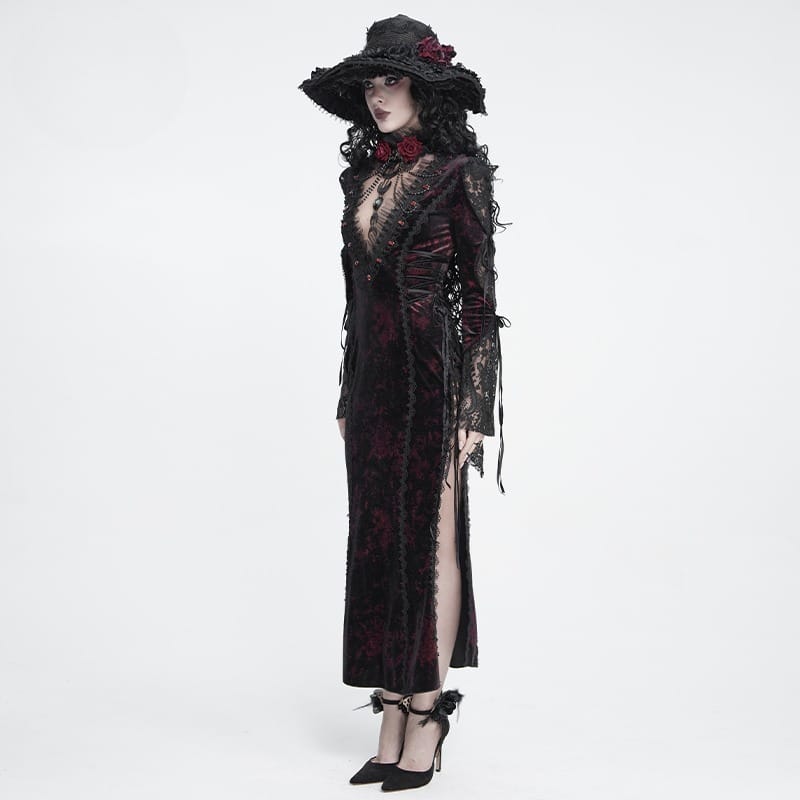 DEVIL FASHION Women's Gothic Velvet Plunging V-Neck Lace Mesh Long Sleeve Dress Black-Red