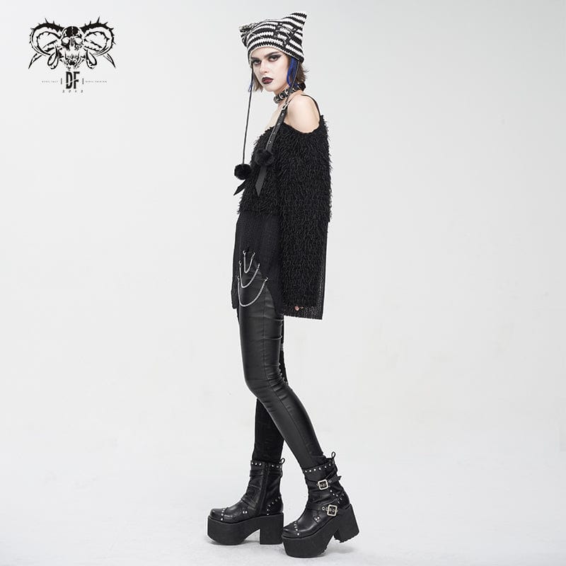 DEVIL FASHION Women's Grunge Striped Pin Car Ears Beanie Black