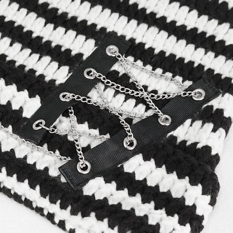 DEVIL FASHION Women's Grunge Striped Pin Car Ears Beanie Black