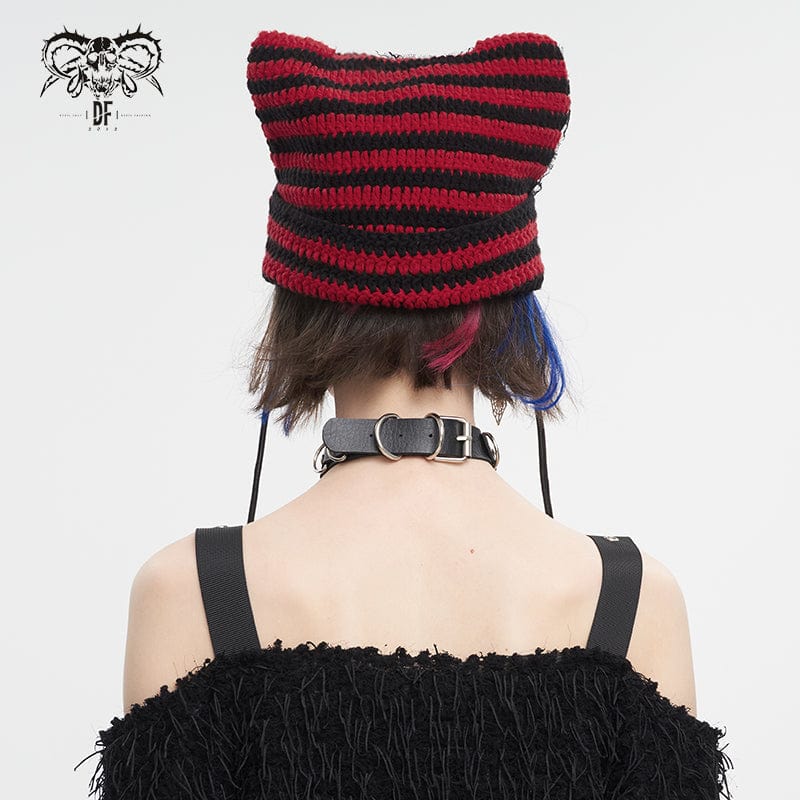 DEVIL FASHION Women's Grunge Striped Pin Car Ears Beanie Red