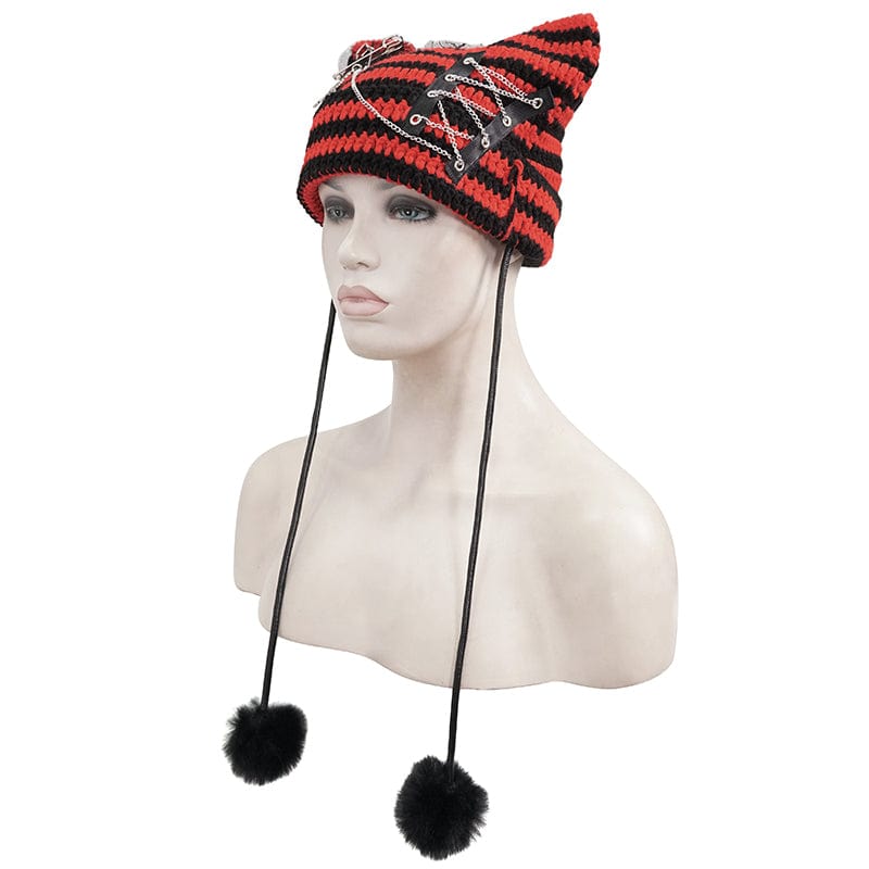 DEVIL FASHION Women's Grunge Striped Pin Car Ears Beanie Red