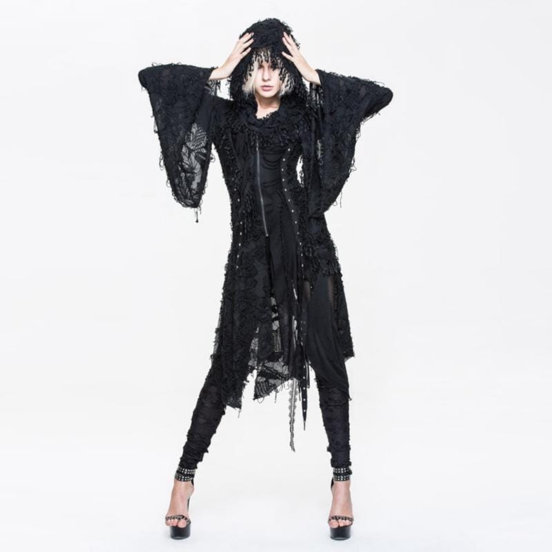 DEVIL FASHION Women's Lace and Trimming Goth Style Mid Length Hooded Dress