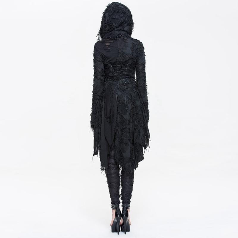 DEVIL FASHION Women's Lace and Trimming Goth Style Mid Length Hooded Dress