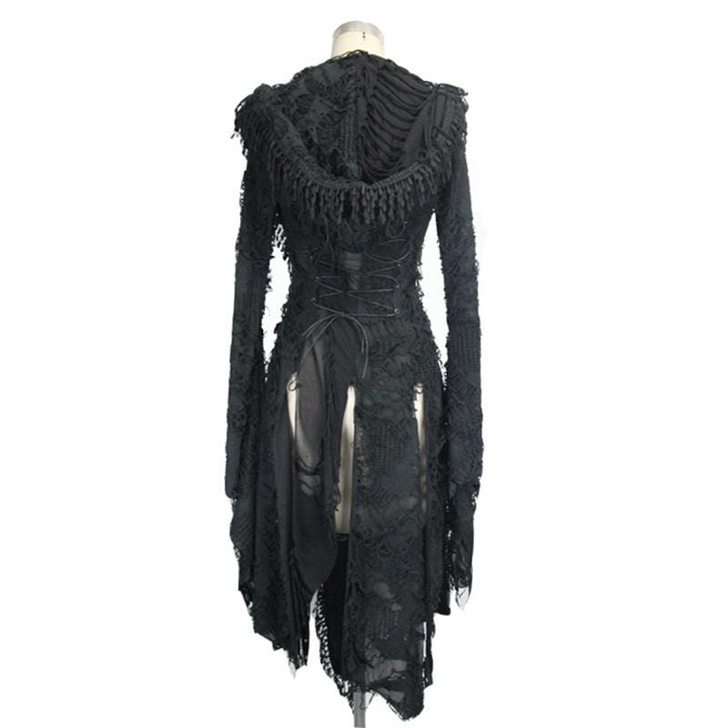 DEVIL FASHION Women's Lace and Trimming Goth Style Mid Length Hooded Dress