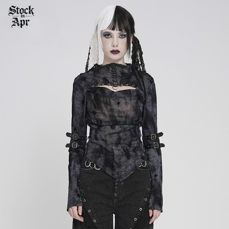 DEVIL FASHION Women's Punk Asymmetric Cutout Printed Long Sleeved Shirt