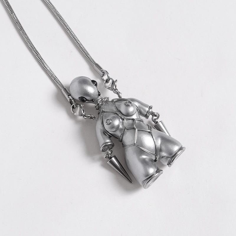 DEVIL FASHION Women's Punk Bound Weird Sci-fi Alien Necklace Silver Gray
