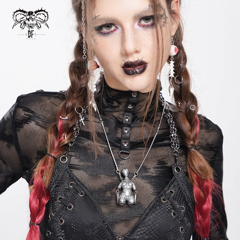 DEVIL FASHION Women's Punk Bound Weird Sci-fi Alien Necklace Silver Gray