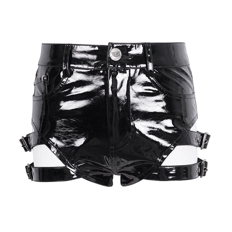 DEVIL FASHION Women's Punk Buckle Faux Leather Shorts