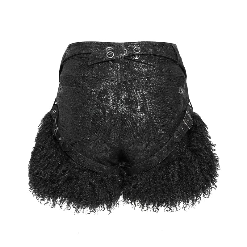 DEVIL FASHION Women's Punk Buckle Strap Plush Splice Shorts