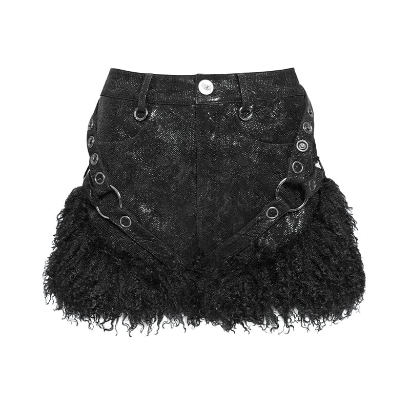 DEVIL FASHION Women's Punk Buckle Strap Plush Splice Shorts