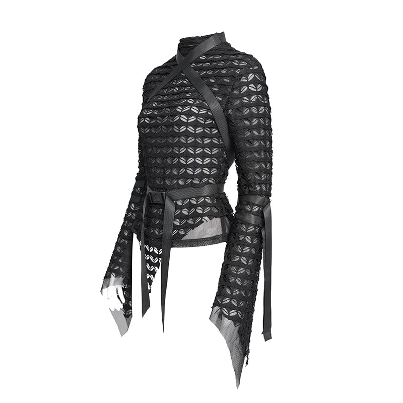 DEVIL FASHION Women's Punk Buckle-Up Strap Mesh Shirt