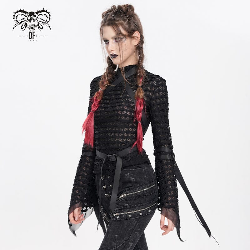 DEVIL FASHION Women's Punk Buckle-Up Strap Mesh Shirt