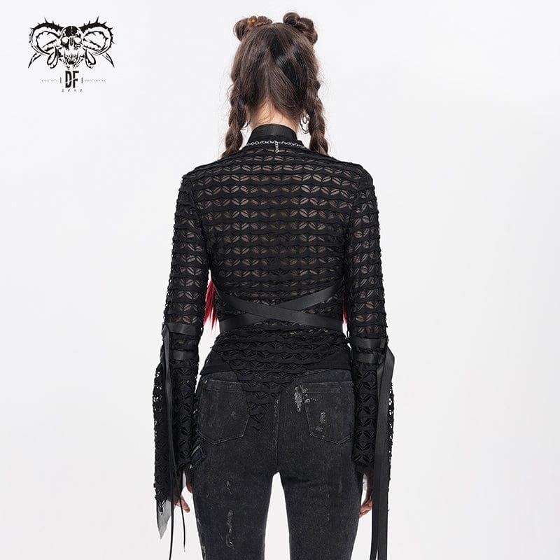 DEVIL FASHION Women's Punk Buckle-Up Strap Mesh Shirt
