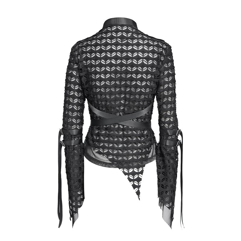 DEVIL FASHION Women's Punk Buckle-Up Strap Mesh Shirt