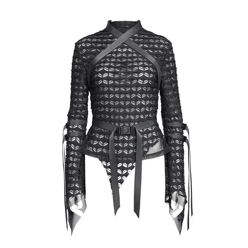 DEVIL FASHION Women's Punk Buckle-Up Strap Mesh Shirt