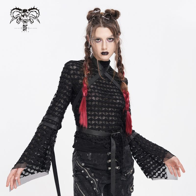 DEVIL FASHION Women's Punk Buckle-Up Strap Mesh Shirt
