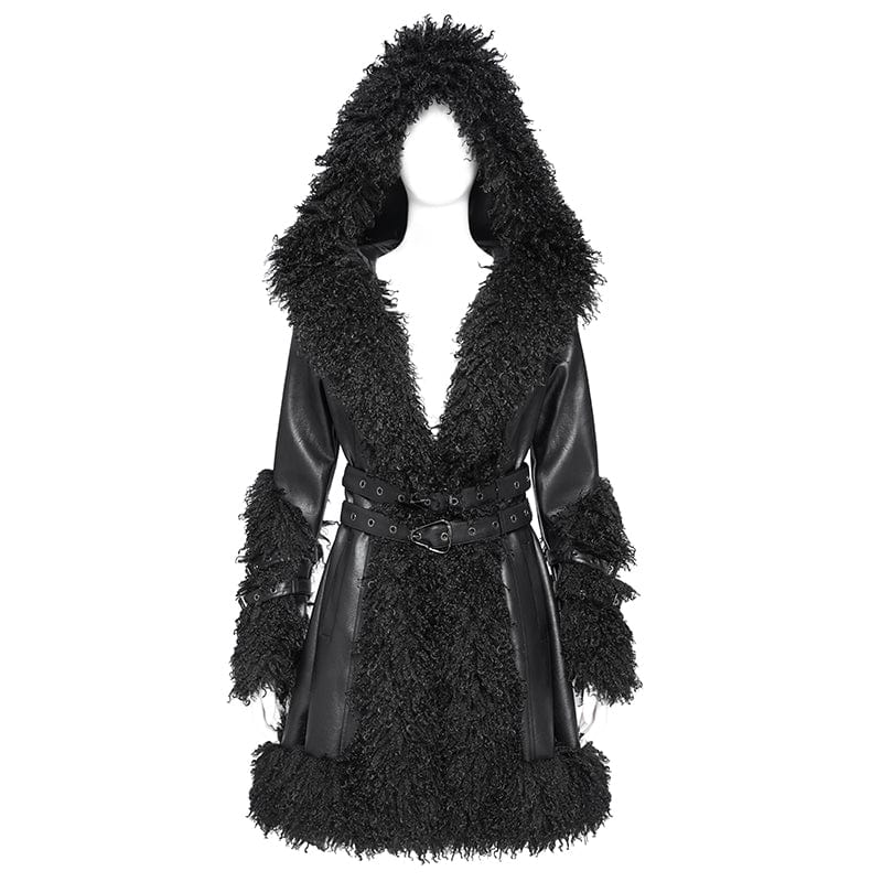 DEVIL FASHION Women's Punk Buckle-up Strap Plush Splice Coat