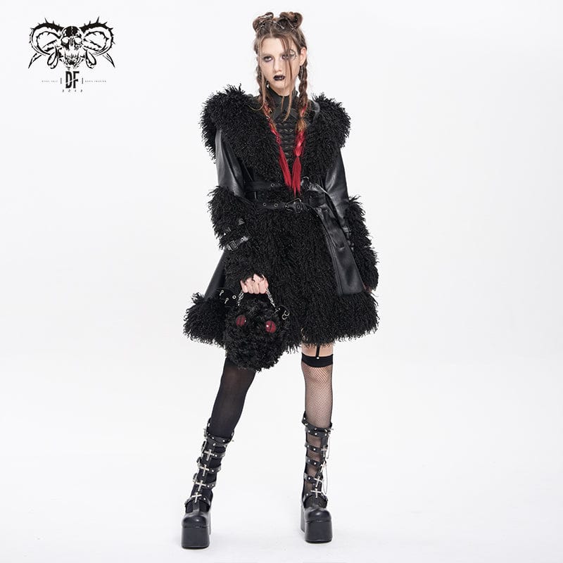 DEVIL FASHION Women's Punk Buckle-up Strap Plush Splice Coat