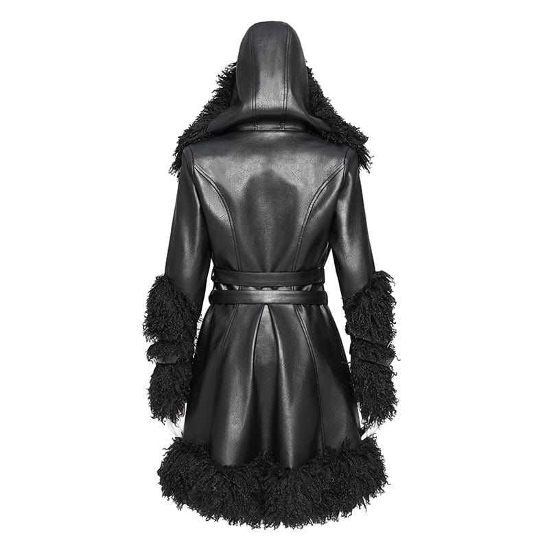 DEVIL FASHION Women's Punk Buckle-up Strap Plush Splice Coat