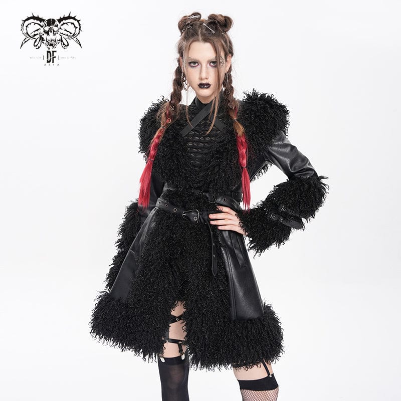 DEVIL FASHION Women's Punk Buckle-up Strap Plush Splice Coat