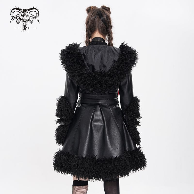 DEVIL FASHION Women's Punk Buckle-up Strap Plush Splice Coat