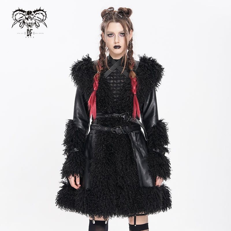 DEVIL FASHION Women's Punk Buckle-up Strap Plush Splice Coat