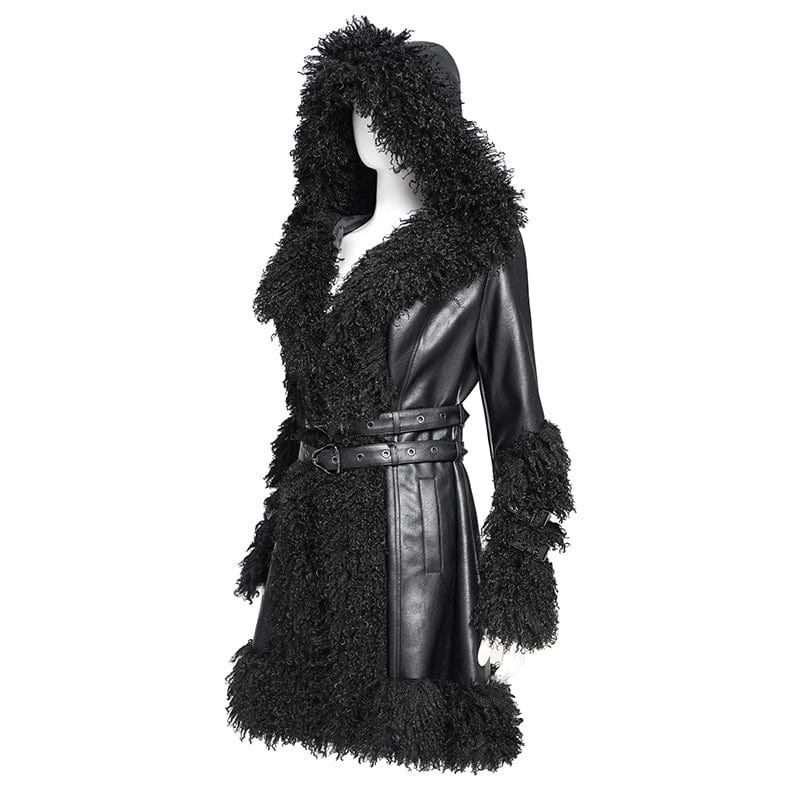 DEVIL FASHION Women's Punk Buckle-up Strap Plush Splice Coat