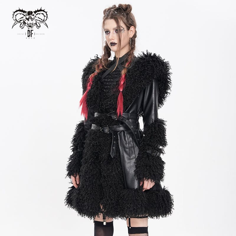 DEVIL FASHION Women's Punk Buckle-up Strap Plush Splice Coat