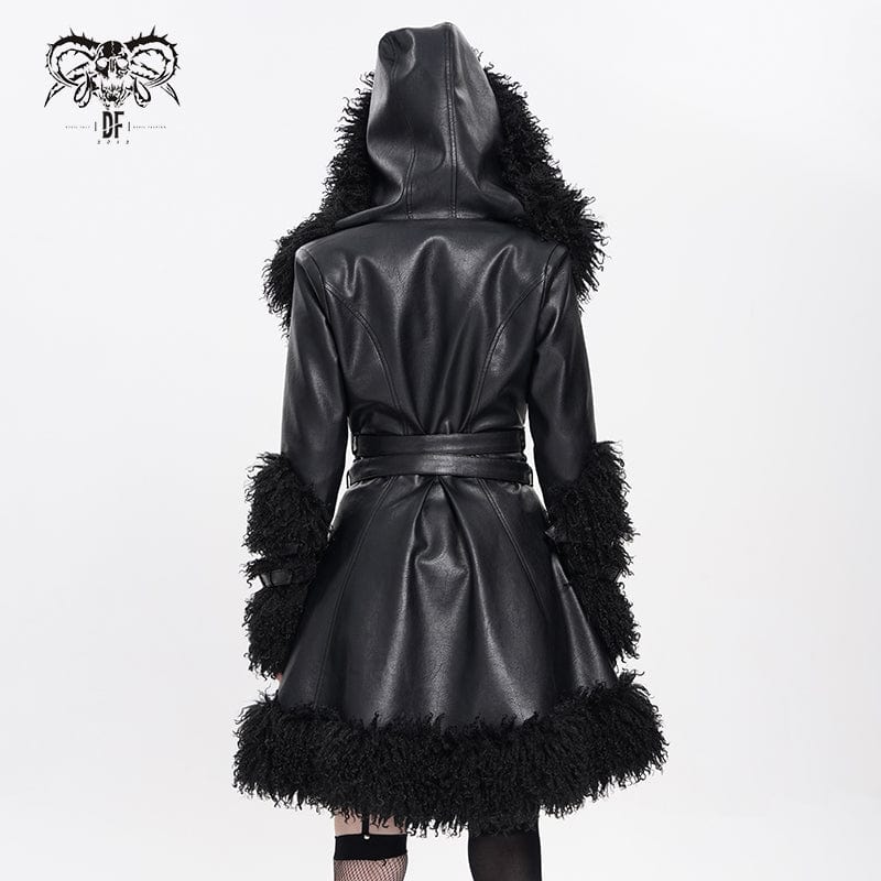 DEVIL FASHION Women's Punk Buckle-up Strap Plush Splice Coat