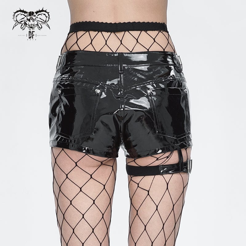 DEVIL FASHION Women's Punk Chain Buckle Faux Leather Shorts