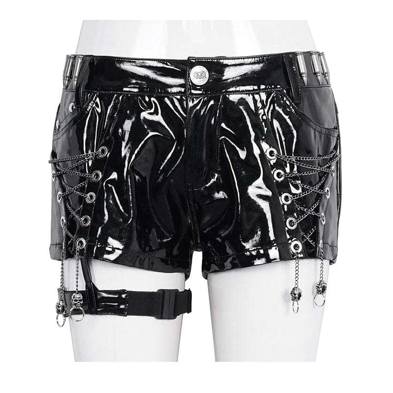 DEVIL FASHION Women's Punk Chain Buckle Faux Leather Shorts
