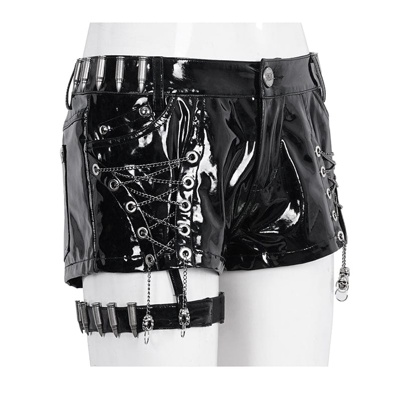 DEVIL FASHION Women's Punk Chain Buckle Faux Leather Shorts