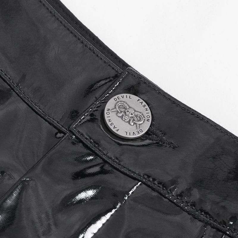 DEVIL FASHION Women's Punk Chain Buckle Faux Leather Shorts