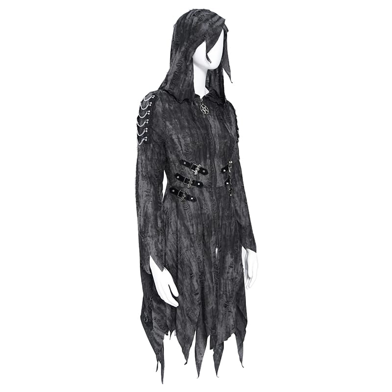 DEVIL FASHION Women's Punk Chain-Detailed Ripped Irregular Hooded Coat