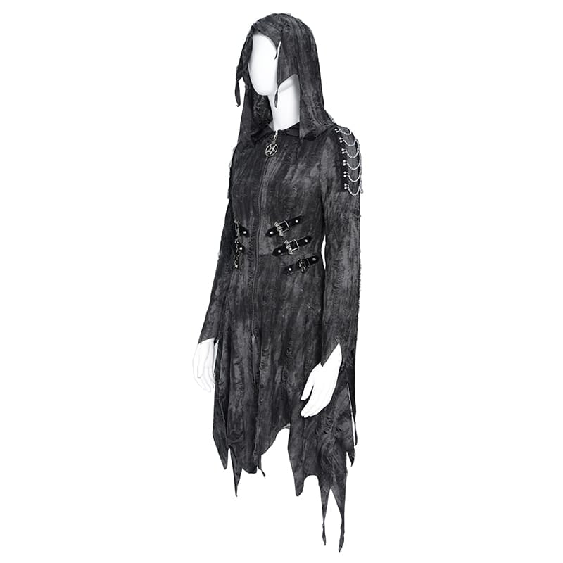 DEVIL FASHION Women's Punk Chain-Detailed Ripped Irregular Hooded Coat