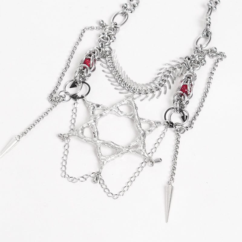 DEVIL FASHION Women's Punk Chain Hexagram Fishbone Necklace