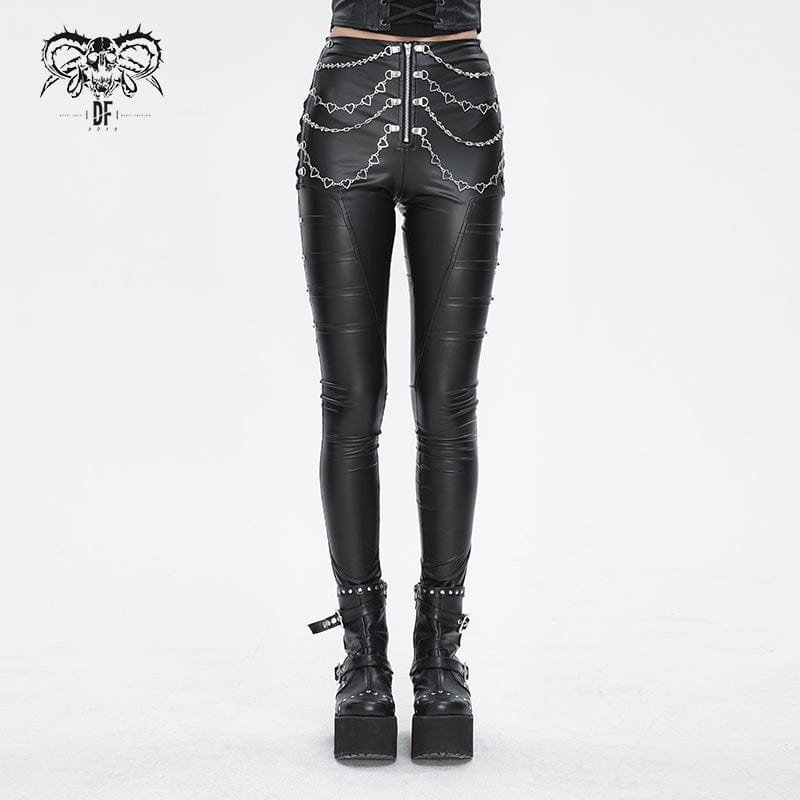 DEVIL FASHION Women's Punk Chain Stud Faux Leather Pants