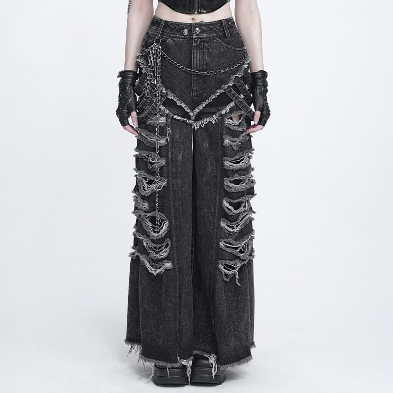 DEVIL FASHION Women's Punk Chained Ripped Raw Edge Wide Leg Jeans