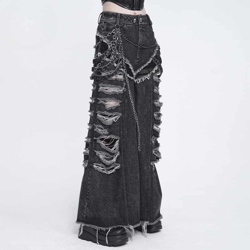 DEVIL FASHION Women's Punk Chained Ripped Raw Edge Wide Leg Jeans