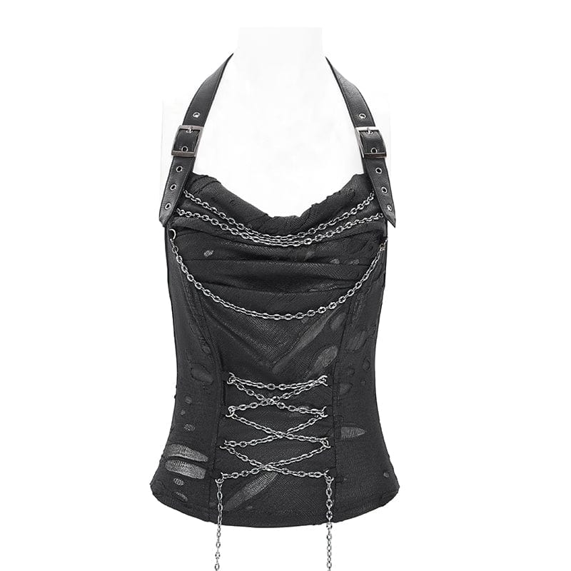 DEVIL FASHION Women's Punk Cowl Neck Ripped Chained Tank Top