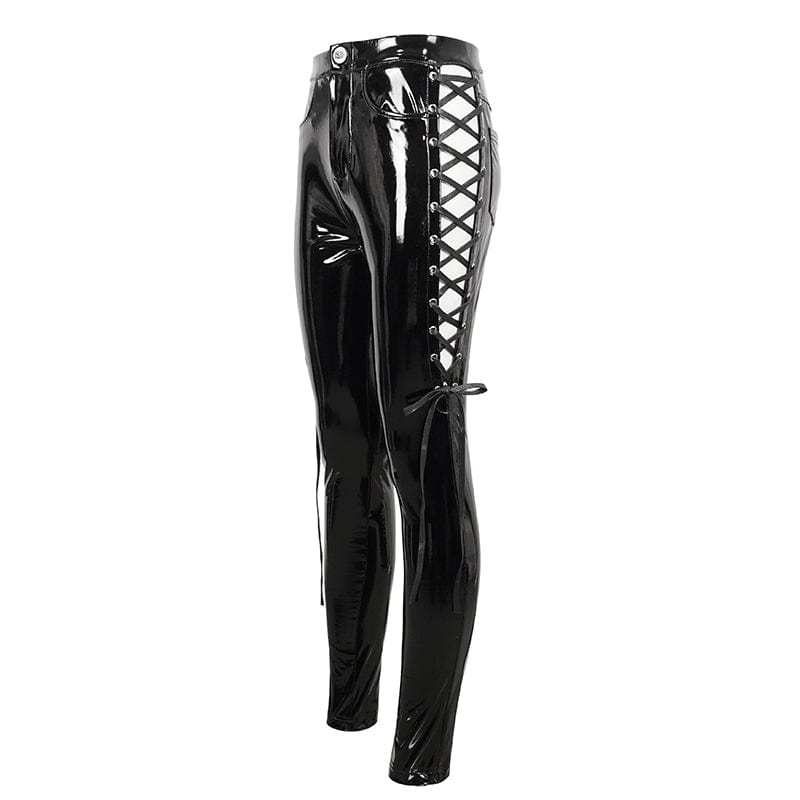 DEVIL FASHION Women's Punk Cutout Lace-up Patent Leather Pants