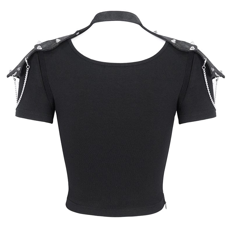 DEVIL FASHION Women's Punk Cutout Mesh Short Sleeved Crop Top