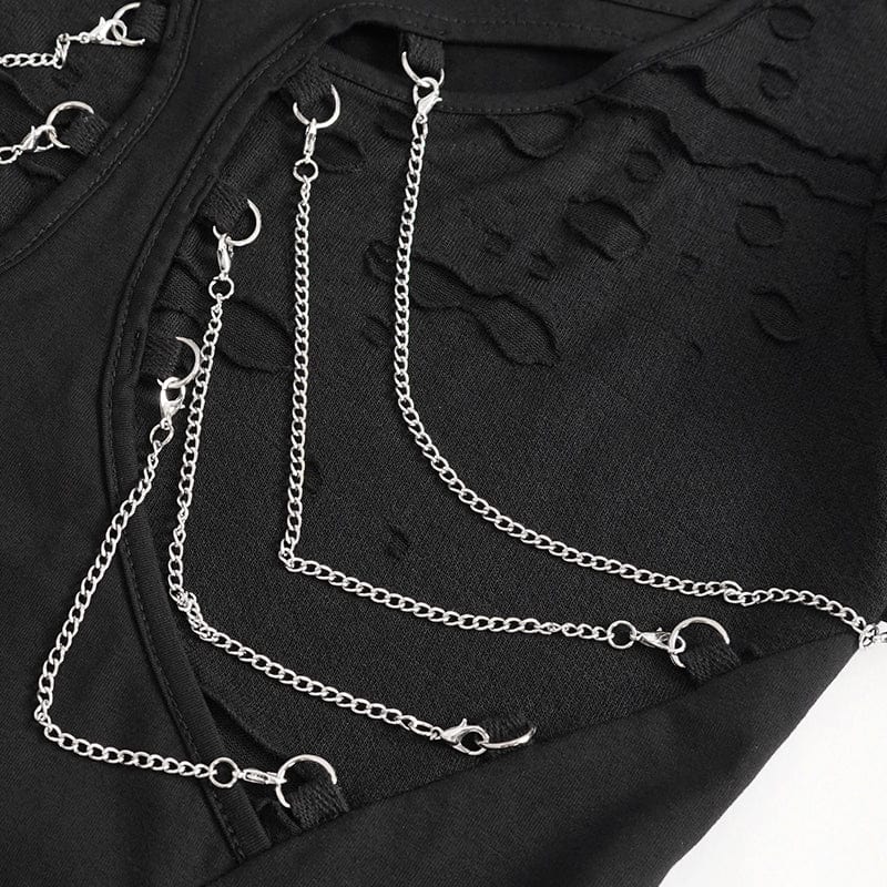 DEVIL FASHION Women's Punk Cutout Ripped Chian Short Sleeved Tee