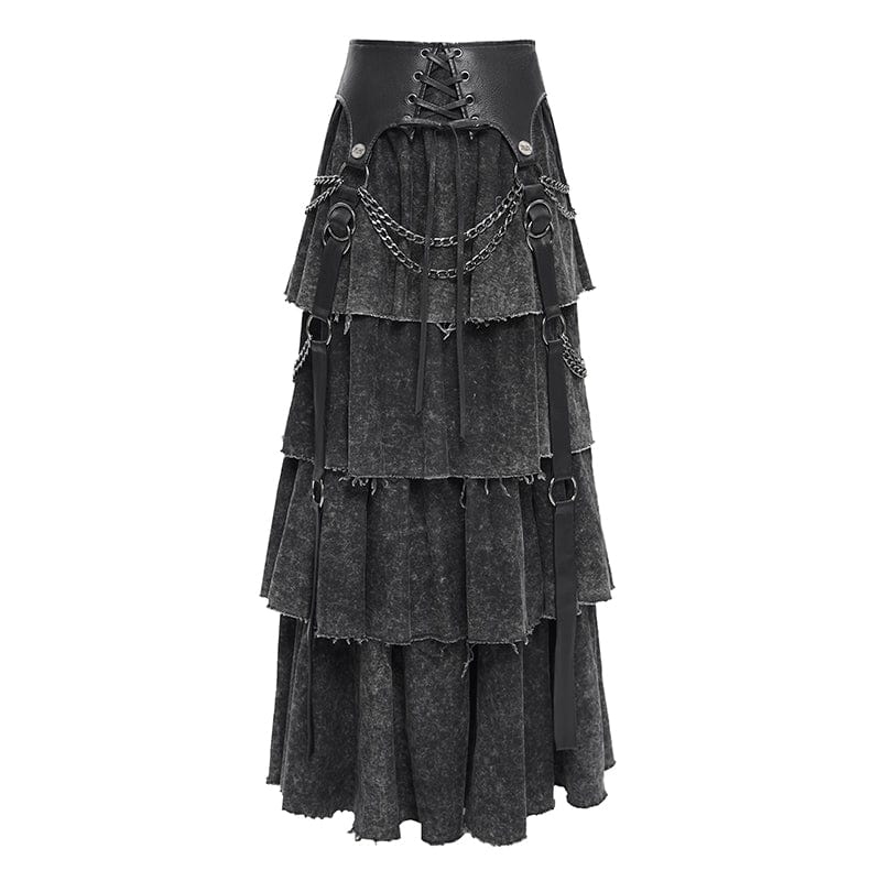 DEVIL FASHION Women's Punk Distressed Layered Lace-up Skirt