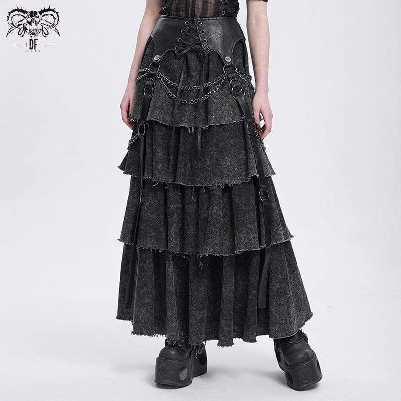 DEVIL FASHION Women's Punk Distressed Layered Lace-up Skirt