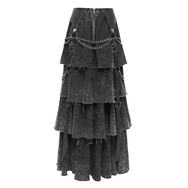 DEVIL FASHION Women's Punk Distressed Layered Lace-up Skirt
